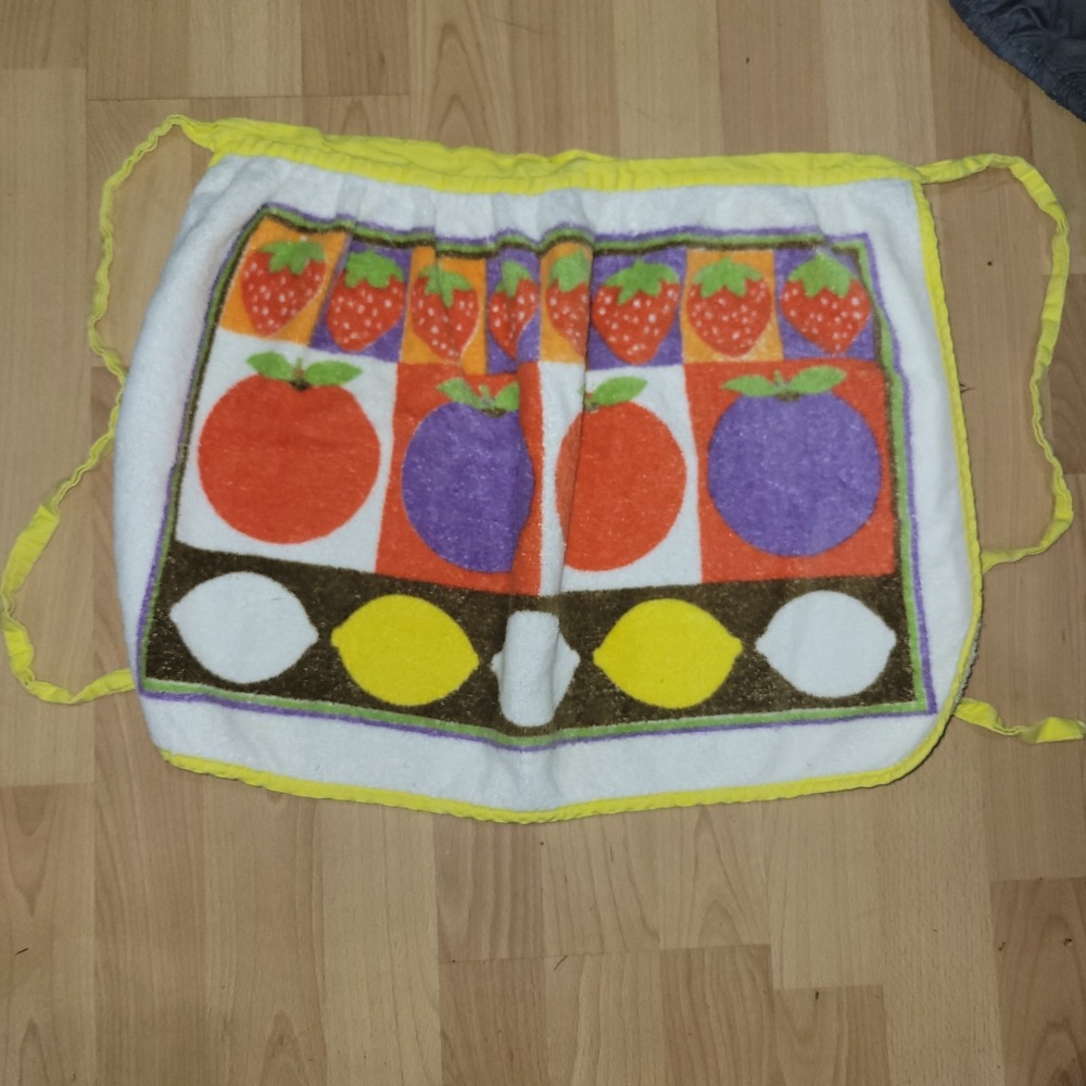70s Retro Fruit Power Yellow Terrycloth Apron Vintage Oranges Strawberries Lemon